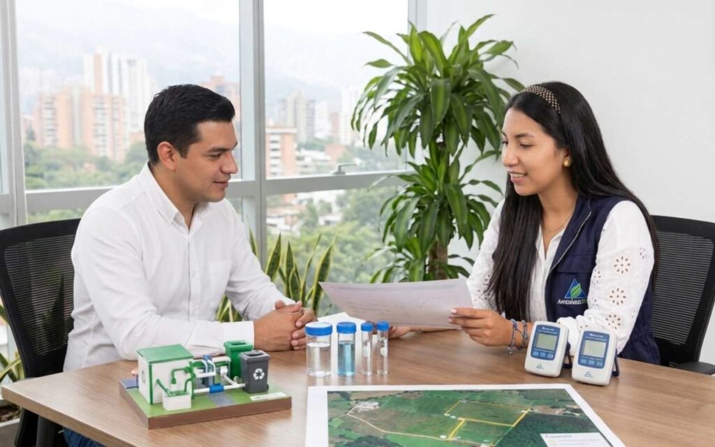 Personas revisando la gestión ambiental de una empresa en Colombia